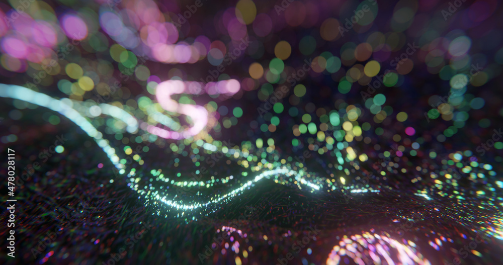 Poster abstract background with dots, depth of field and bokeh. neon futuristic backdrop. particle backgrou