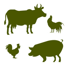 Farm-Nutztiere Silhouetten einzeln auf dem Feld. Symbole für Kuh, Schwein und Hühner
