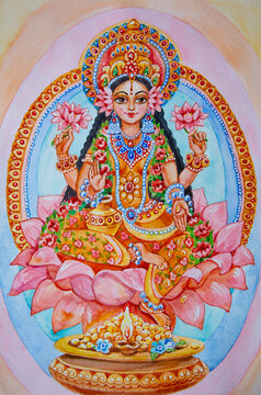 Beautiful Goddess Lakshmi on a lotus flower with a large vase of coins - a watercolor drawing of the goddess of beauty and prosperity.