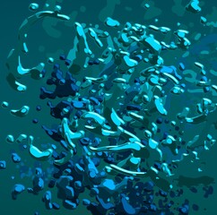Cartoon water liquid particles droplets. Abatract painting. 2d illustration. Frozen motion small particle molecules. © Jakub