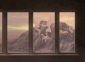 3d rendering of old windows with shattered glass and view to the mountain in the evening light