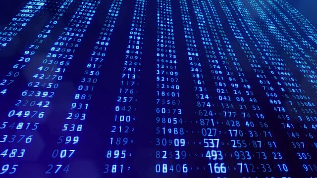 3d loop background, concept of digital data processing, calculation and visualization of computation. Counters of numbers in rows of lines on plane. Blue digital information bg with numbers. Sci-fi bg