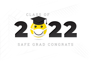 Class of 2022 Numerals Logo with Smiling Face Protected with Medical Mask and Safe Graduation Congratulations Lettering - Yellow and Black on White Background - Mixed Graphic Design