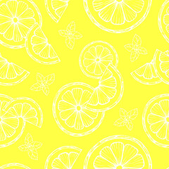 hand drawn seamless yellow pattern contour of lemon slices and mint leaves