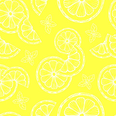 hand drawn seamless yellow pattern contour of lemon slices and mint leaves