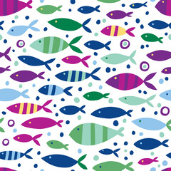 Seamless pattern with striped exotic fish. Simple vector background for your design in blue tones with fishes.