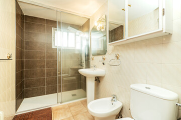 Toilet with toilet and bidet, cabinet with mirror and vintage mirror