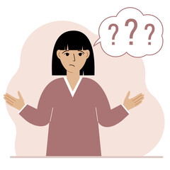 Illustration of a woman who is confused, questioning. Want to find answers. People around the question mark. Woman expressions are in a daze and need help.