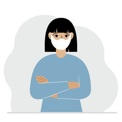 A woman in a protective medical face mask. The woman wears protection against viruses, urban air pollution, smog, vapors, and polluting gas emissions.