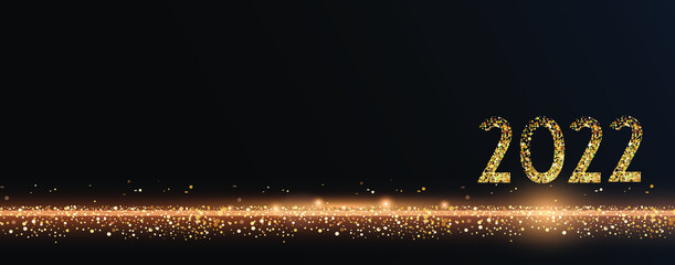 2022 Glittering New Year Card, Festive Sparkling Gold Background, Horizontal banner