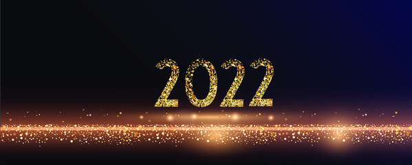 2022 Glittering New Year Card, Festive Sparkling Gold Background, Horizontal banner