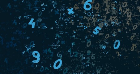 Numbers hand drawing with math symbols on colorful background. - obrazy, fototapety, plakaty