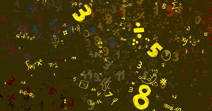 Numbers hand drawing with math symbols on colorful background.