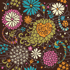 Seamless pattern with hearts, plants and flowers on a dark background.