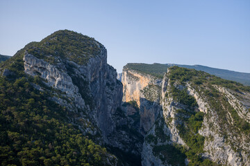 Fototapeta na wymiar The Gorges du Verdon surrounded by mountains and forests in Europe, France, Provence Alpes Cote dAzur, Var, in summer on a sunny day.