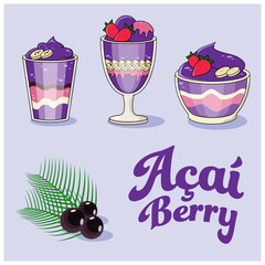 Set of glass bowl, bowl and cup with acai (acai) smoothie with fruits such as strawberry and banana. With text in lettering "açaí berry", açaí fruits and leaves
