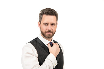 portrait of smiling mature unshaven guy in formalwear isolated on white background, business casual