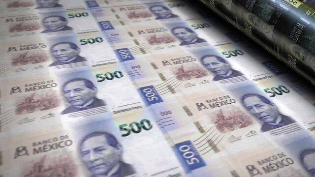 Mexico Pesos money banknotes printing roll machine loop. Paper MXN bank note print 3d looping seamless. Abstract concept of banking, debt, finance, economy and crisis.