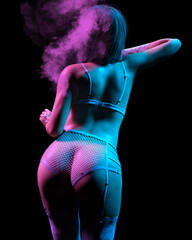 3d illustration of a art portrait of beauty model woman in bright lights with colorful smoke.