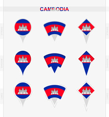 Cambodia flag, set of location pin icons of Cambodia flag.