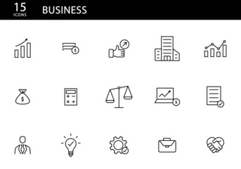 Conjunto de iconos de negocio. Estadísticas de venta, empresa, análisis, ajustes, balanza, calculadora, dinero, idea, profesión, acuerdo de negocio. Ilustración vectorial, estilo iconos simples 
