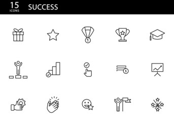 Conjunto de iconos de éxito. Felicidad, ganar, graduación, campeón, exitoso, premio, regalo, medalla, aplausos. Ilustración vectorial, estilo iconos simples