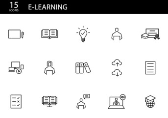 Conjunto de iconos de aprendizaje. Estudiar, aprender, idea, investigación, red, diploma de graduación, resultados, diseñar, profesión, biblioteca. Ilustración vectorial, estilo iconos simples