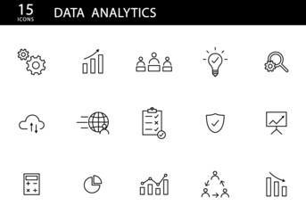 Conjunto de iconos de analítica de datos.
Análisis de negocio, idea, protección, subir y bajar archivos, navegar, trabajo en equipo, porcentaje. Ilustración vectorial, estilo iconos simples