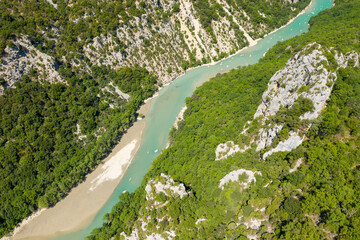 The Verdon river surrounded by green vegetation in Europe, France, Provence Alpes Cote dAzur, Var,...