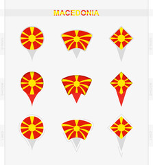 Obraz premium Macedonia flag, set of location pin icons of Macedonia flag.
