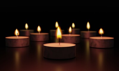 Little candles in the darkness, closeup. Burning candles with beautiful out of focus. 3D Render