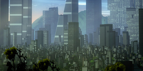 Obraz premium Urban skyline. Downtown area. City panorama. Colorful artistic scenery. Digital art.