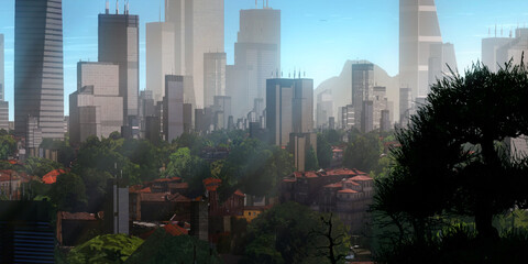 Obraz premium Urban skyline. Downtown area. City panorama. Colorful artistic scenery. Digital art.
