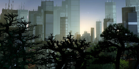 Plakat Urban skyline. Downtown area. City panorama. Colorful artistic scenery. Digital art.