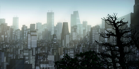 Urban skyline. Downtown area. City panorama. Colorful artistic scenery. Digital art.