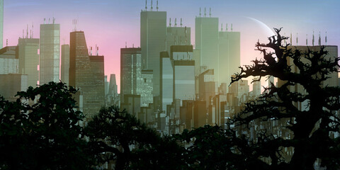 Fototapeta na wymiar Urban skyline. Downtown area. City panorama. Colorful artistic scenery. Digital art.