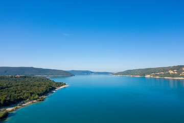 Fototapeta na wymiar The famous Lac de Sainte-Croix in Europe, France, Provence Alpes Cote dAzur, Var, in summer, on a sunny day.
