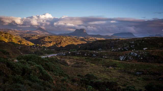 View towards Canisp, Suilven and Cul Mor Mountains in Scottish Highlands - Time Lapse Video