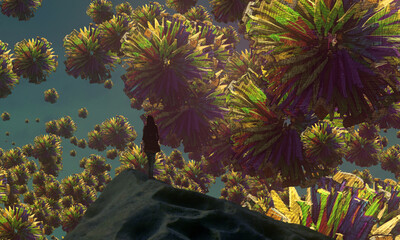 Dream like abstract imaginary image. 2d illustration. Human standing on an edge. Imaginary world. Alternative realm. © Jakub