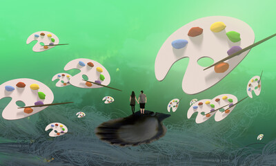 Dream like abstract imaginary image. 2d illustration. Human standing on an edge. Imaginary world. Alternative realm. © Jakub