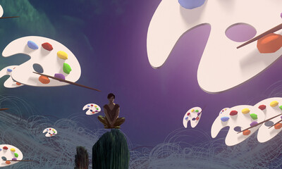 Dream like abstract imaginary image. 2d illustration. Human standing on an edge. Imaginary world. Alternative realm. © Jakub