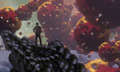 Dream like abstract imaginary image. 2d illustration. Human standing on an edge. Imaginary world. Alternative realm. © Jakub