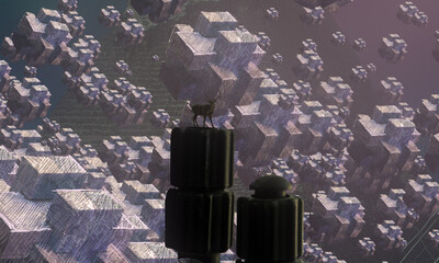 Dream like abstract imaginary image. 2d illustration. Human standing on an edge. Imaginary world. Alternative realm. © Jakub
