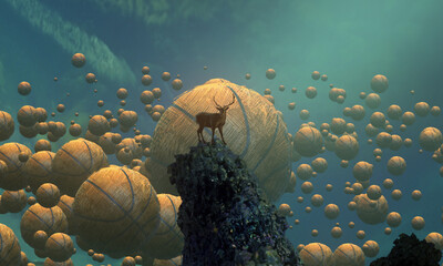 Dream like abstract imaginary image. 2d illustration. Human standing on an edge. Imaginary world. Alternative realm. © Jakub