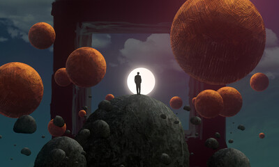 Dream like abstract imaginary image. 2d illustration. Human standing on an edge. Imaginary world. Alternative realm.