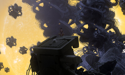 Dream like abstract imaginary image. 2d illustration. Human standing on an edge. Imaginary world. Alternative realm. © Jakub