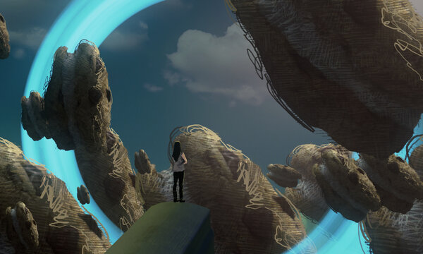 Dream like abstract imaginary image. 2d illustration. Human standing on an edge. Imaginary world. Alternative realm.
