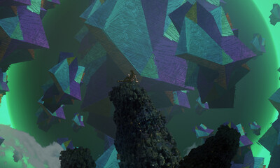 Imaginary world. Surreal alternative realm. Dream like abstract imaginary image. 2d illustration. Human standing on an edge. © Jakub