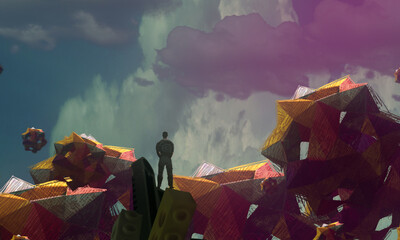 Imaginary world. Surreal alternative realm. Dream like abstract imaginary image. 2d illustration. Human standing on an edge. © Jakub