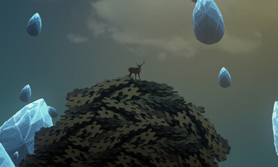 Imaginary world. Surreal alternative realm. Dream like abstract imaginary image. 2d illustration. Human standing on an edge. © Jakub